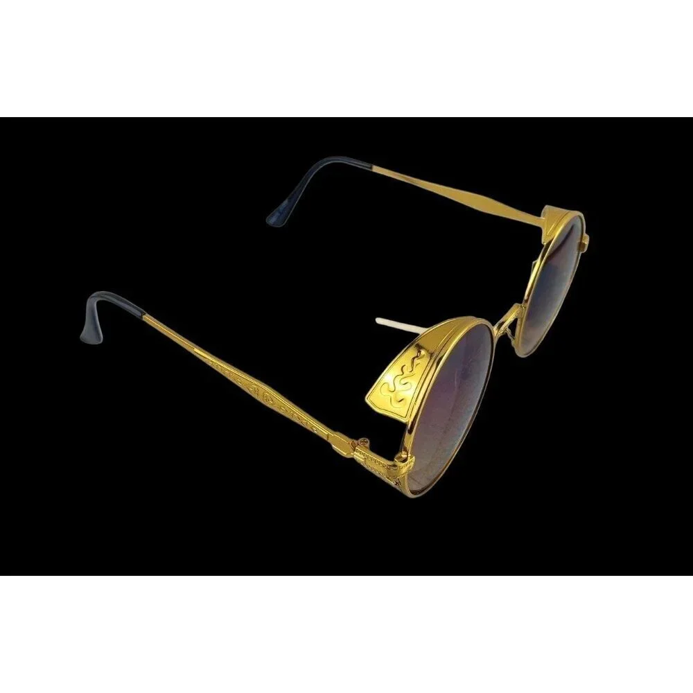 Sunglasses Round Metal Steampunk Gold Frame Brown Lens Diesel Punk Cosplay - Picture 3 of 11